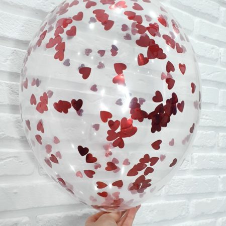 Воздушный шар. Прозрачный с конфетти (12″/30 см) Красные сердца