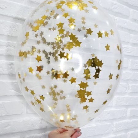 Воздушный шар. Прозрачный с конфетти (12″/30 см) Звезды, золото