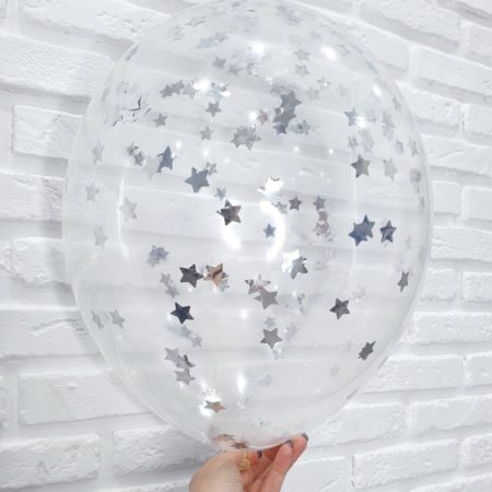 Воздушный шар. Прозрачный с конфетти (12″/30 см) Звезды, серебро