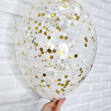 Воздушный шар. Прозрачный с конфетти. Круги. Золото + Белые (14″/35 см)