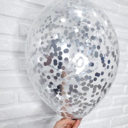 Воздушный шар. Прозрачный с конфетти (12″/30 см) Серебро, круги