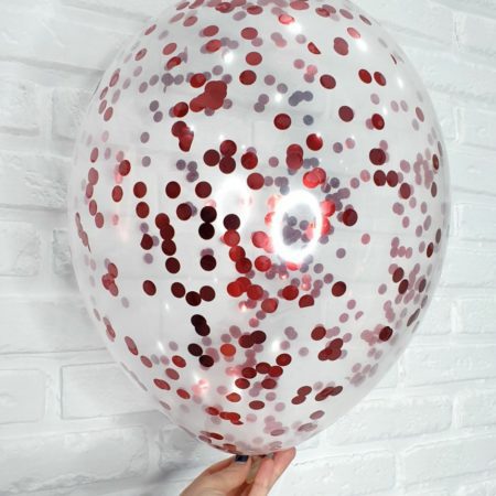 Воздушный шар. Прозрачный с конфетти (12″/30 см) Красные круги