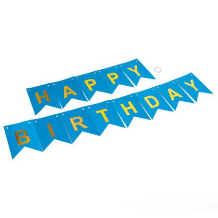 Гирлянда Флажки, Happy Birthday, Голубой/Золото, Металлик, с блестками, 350 см, 17*12 см, 1 упак.