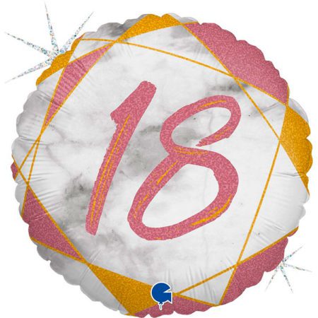 Воздушный шар из фольги. Мрамор Калакатта, Розовое Золото, Голография, круг цифра - 18 (18''/46 см, ITA)