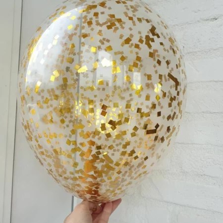 Воздушный шар. Прозрачный с конфетти. Квадраты. Золото (14″/35 см)
